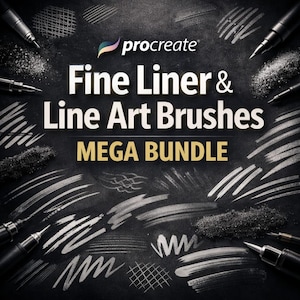 Op de afbeelding: Een donkere achtergrond toont een verzameling fijne liner- en line art-penselen. De afbeelding bevat de tekst "procreate Fine Liner & Line Art Brushes MEGA BUNDLE" in wit en goud. Verschillende penseelstreken en pennen zijn verspreid.