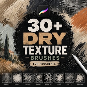 Peut inclure: Image publicitaire pour des pinceaux d'art numérique pour Procreate. Le texte central indique "30+ DRY TEXTURE BRUSHES". L'image présente un cercle noir avec le texte, entouré d'exemples de textures de pinceaux et d'un stylet numérique.