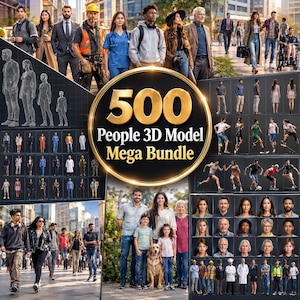 Peut inclure: Une collection numérique intitulée 500 People 3D Model Mega Bundle, présentant un logo circulaire à bordure dorée entouré de diverses grilles de figures humaines, incluant des silhouettes filaires, des personnes en tenue professionnelle et des poses d'action.