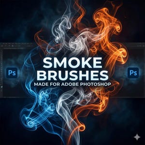 Puede incluir: Gráfico digital con remolinos de humo azules, blancos y naranjas. El texto "SMOKE BRUSHES" se muestra en letras blancas grandes, con "MADE FOR ADOBE PHOTOSHOP" debajo. El logotipo "Ps" de Adobe Photoshop está en las esquinas.