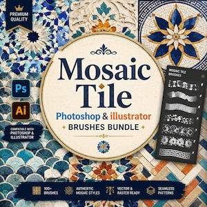 May include: A digital art bundle featuring mosaic tile brushes for Photoshop and Illustrator. The image showcases a circular design with the text "Mosaic Tile Brushes Bundle" and examples of the brushes. Includes the text "Premium Quality", "100+ Brushes", and "Seamless Patterns".