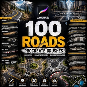 Op de afbeelding: Een digitale productafbeelding voor 100 Roads Procreate Brushes met het Procreate-logo, grote witte en gele tekst, en diverse wegtypes zoals snelwegen, stadsstraten, landwegen, kruispunten, racebanen en onverharde wegen.