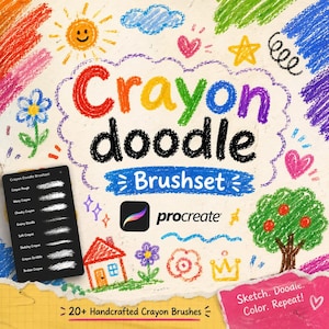 Könnte beinhalten: Ein digitales Pinselset für Procreate mit dem Titel Crayon Doodle Brushset, das eine schwarze Menüliste mit über 20 Buntstift-Pinselstilen, bunte Zeichnungen von Sonne, Haus, Baum und Blumen sowie den Text Sketch. Doodle. Color. Repeat. enthält.