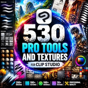 Peut inclure: Image promotionnelle pour le logiciel Clip Studio Paint, avec un graphique central affichant "530 PRO TOOLS AND TEXTURES FOR CLIP STUDIO". L'image comprend des illustrations de pinceaux, textures et matériaux, avec du texte supplémentaire.