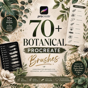 Puede incluir: Anuncio de pinceles botánicos Procreate. La imagen muestra el logotipo de Procreate, el texto "70+ Botanical Procreate Brushes" y una lista de tipos de pinceles. El diseño incorpora elementos florales y de hojas, para arte digital.