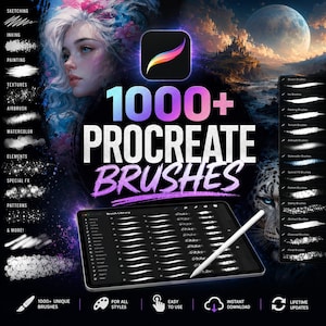 May include: Digital art advertisement featuring a Procreate app logo and the text "1000+ Procreate Brushes." The image includes a tablet with a stylus, a portrait of a woman, and a tiger's face. The background shows a castle and a moon.