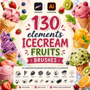 Könnte beinhalten: Ein farbenfrohes digitales Kunstwerk mit Eiswaffeln, Bechern und Kugeln mit verschiedenen Fruchtbelägen. Das Bild enthält den Text "130 elements ICECREAM FRUITS BRUSHES" und Symbole für Procreate und Illustrator.