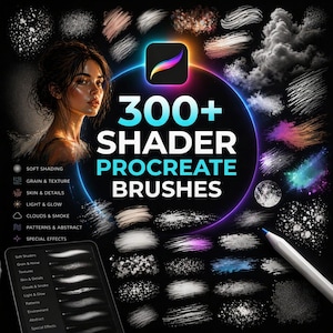 Könnte beinhalten: Digitales Pinsel-Set für Procreate, mit einem Frauenporträt und verschiedenen Pinselstrich-Beispielen. Das Bild enthält den Text "300+ Shader Procreate Brushes" und ein Tablet mit Pinselkategorien.