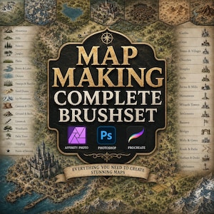 Op de afbeelding: Een digitale penseelset getiteld Map Making Complete Brushset, met iconen voor Affinity Photo, Photoshop en Procreate. Het ontwerp bevat lijsten met terreintypes zoals bergen en bossen, en structuren zoals kastelen en havens.