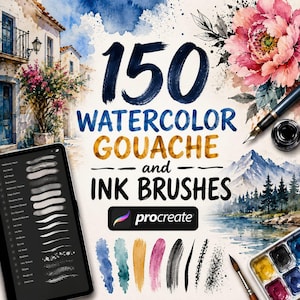 May include: Digital art supplies image featuring the text "150 Watercolor Gouache and Ink Brushes" with a Procreate logo. The image includes a tablet displaying brush options, a watercolor palette, and a pen with ink. A large pink flower and a landscape scene are also visible.