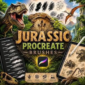 Puede incluir: Pinceles de arte digital para Procreate, con temática de dinosaurios. La imagen presenta un T-Rex, un Pterodáctilo y varias muestras de pinceladas. El texto dice "Jurassic Procreate Brushes" con el logotipo de la aplicación Procreate.