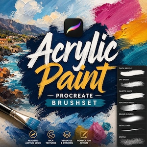 May include: A digital brushset for Procreate featuring the text Acrylic Paint Procreate Brushset. The image displays a coastal landscape painting with thick paint textures, a paintbrush, and a sidebar showing brush stroke examples.