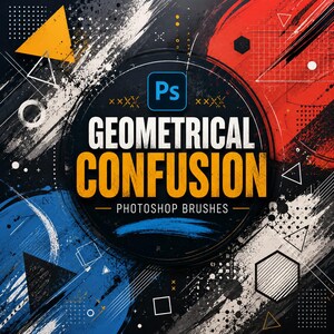May include: A graphic design featuring the text "GEOMETRICAL CONFUSION - PHOTOSHOP BRUSHES" in yellow and white. The design incorporates geometric shapes, brush strokes, and a color palette of black, blue, red, and yellow.