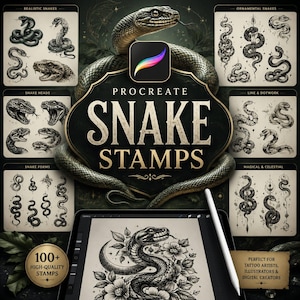May include: A digital collection of Procreate snake stamps featuring various black and white illustrations of snakes, heads, and ornamental designs. The set includes over 100 high-quality stamps for digital artists, displayed on a tablet screen.