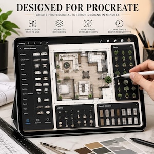 May include: A tablet screen displaying a digital interior design application for Procreate. The interface shows a floor plan with menus for furniture, plants, lighting, and doors. Text reads: DESIGNED FOR PROCREATE, CREATE PROFESSIONAL INTERIOR DESIGNS IN MINUTES.