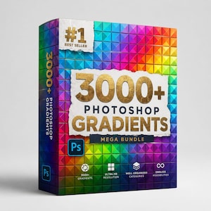 Op de afbeelding: Een doos met een kleurrijk verloopontwerp, met de tekst "3000+ Photoshop Gradients Mega Bundle". De doos bevat ook de tekst "#1 Best Seller" en pictogrammen die ultra HD-resolutie en goed georganiseerde categorieën aangeven. Het Photoshop-logo is zichtbaar.