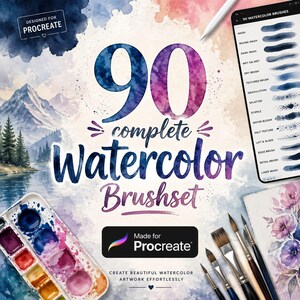 May include: A digital art product image featuring a watercolor brush set for Procreate. The image displays the text "90 complete Watercolor Brushset" in blue and purple hues. A palette of watercolor paints, brushes, and a tablet with brush examples are also shown.