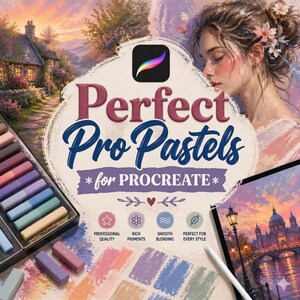 May include: An image promoting "Perfect Pro Pastels for Procreate." The image features a box of pastel sticks in various colors, a digital painting, and a woman with flowers in her hair. Text highlights professional quality, rich pigments, smooth blending, and every style.