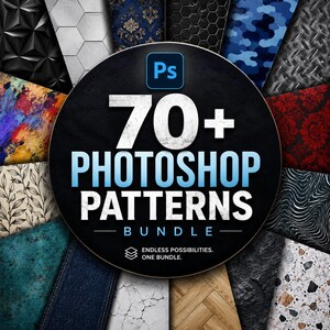 May include: A collection of 70+ Photoshop patterns. The central image is a black circle with the text "70+ PHOTOSHOP PATTERNS BUNDLE" in white and blue. The background features various pattern designs.