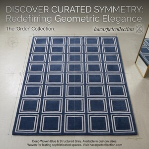 Geometric Blue Rug, Hand Tufted Modern Rug, Contemporary Square Pattern Rug