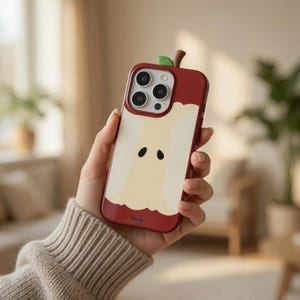May include: A red and cream-coloured phone case with an apple design. The case features a cartoon apple slice with black seed details and a green leaf and brown stem. The word "Apple" is printed at the bottom of the case.