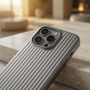 Estuche rígido con diseño de rejilla mate (botones metálicos de estilo industrial y protección para la cámara)