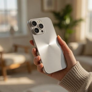 May include: A silver smartphone with a triple-lens camera is held in a hand. The phone has a brushed metal finish and a sleek design. The background is blurred, suggesting an indoor setting.