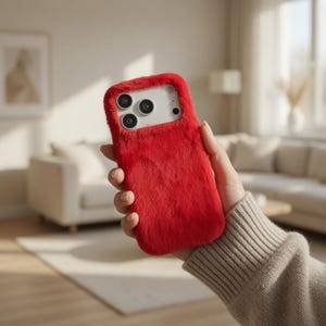 May include: A red fuzzy phone case. The case has a rectangular shape with rounded corners and a camera cutout. The case is made of a soft, plush material. The phone case is held in a hand.