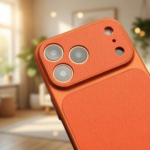 May include: Close-up of an orange phone case with a textured surface. The case features three camera lenses and a flash, all with gold-coloured accents. The case is designed to protect the phone's camera and body.