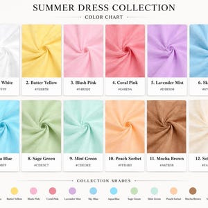 May include: A color chart for a summer dress collection featuring twelve fabric swatches in shades of pure white, butter yellow, blush pink, coral pink, lavender mist, sky blue, aqua blue, sage green, mint green, peach sorbet, mocha brown, and soft ivory.
