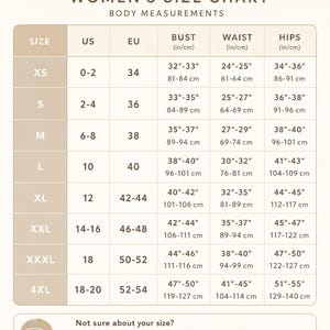 May include: A beige and dark brown size chart titled CLOSET ELEVEN. The table lists sizes from XS to 4XL with corresponding US and EU sizes, and body measurements for bust, waist, and hips in both inches and centimeters. Includes sizing advice.