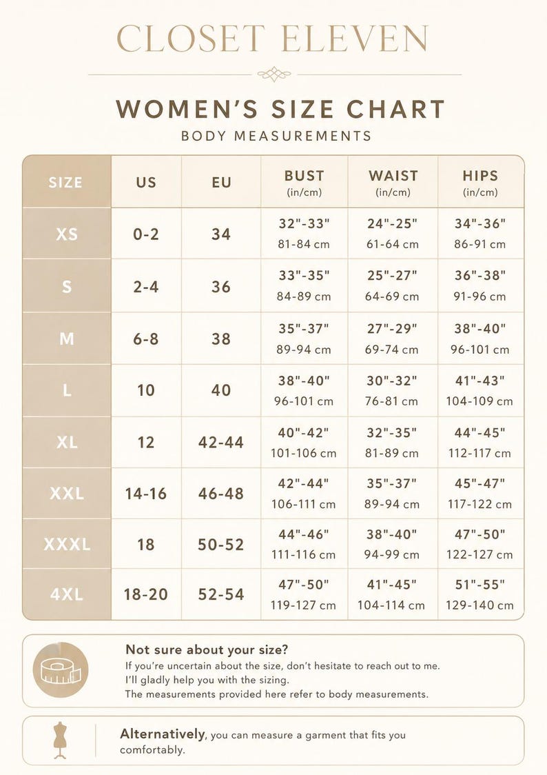 May include: A beige and dark brown size chart titled CLOSET ELEVEN. The table lists sizes from XS to 4XL with corresponding US and EU sizes, and body measurements for bust, waist, and hips in both inches and centimeters. Includes sizing advice.