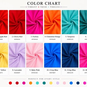 May include: A color chart displaying twelve fabric swatches in various shades including candy apple red, cherry red, fuchsia, clementine orange, turquoise, teal, butter yellow, lavender, baby pink, two shades of crisp blue, and hot pink.