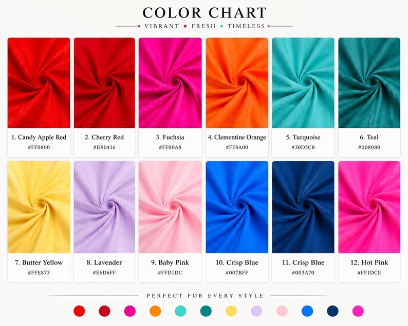 May include: A color chart displaying twelve fabric swatches in various shades including candy apple red, cherry red, fuchsia, clementine orange, turquoise, teal, butter yellow, lavender, baby pink, two shades of crisp blue, and hot pink.