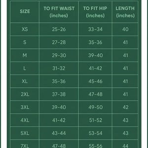 May include: A dark green trouser size chart with white text and grid lines. The table lists sizes from XS to 8XL, providing measurements in inches for waist, hip, and length. The header reads Trouser size chart, To fit waist (inches), To fit hip (inches), and Length (inches).