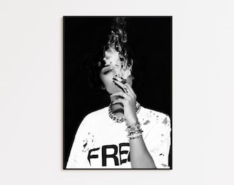 Rihanna Smoke Wall Art, Black and White Cigar Portrait Poster Print, Music Icon Wall Decor, Vintage Photography