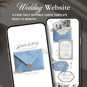 May include: A digital wedding website template displayed on two smartphones, featuring a 4-page fully editable Canva design. The screens show blue velvet envelopes with gold wax seals, floral accents, and text including John & Eva are getting married.