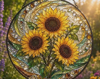 Sunflower Stained Glass Suncatcher, Window Hanging Decor, Floral Glass Art, Round Flower Sun Catcher, Garden Lover Gift,Summer Home Ornament