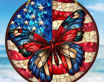 Patriotic Butterfly Stained Glass Suncatcher, American Flag Window Hanging, 4th of July Decor, Veteran Gift, Memorial Day Home Accent