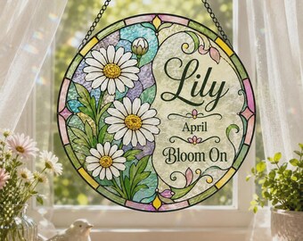 Personalized Daisy Stained Glass Suncatcher, Custom Name April Birth Flower Window Hanging, Daisy Flower Custom Sign