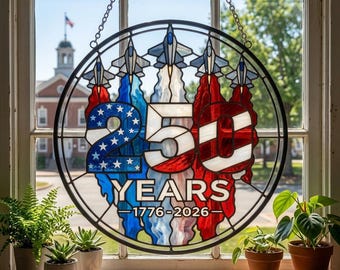 250th Anniversary US Stained Glass Suncatcher, Patriotic Fighter Jet Window Hanging, 1776-2026 American Flag Decor, Veterans Day Gift