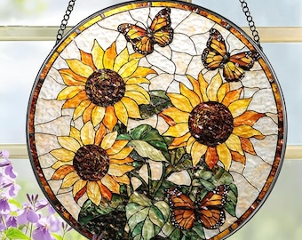 Sunflower Stained Glass Suncatcher, Monarch Butterfly Window Hanging, Flower Glass Art, Round Sun Catcher, Housewarming Gift, Home Decor