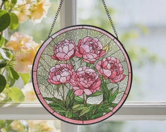 Pink Peony Stained Glass Suncatcher, Flower Window Hanging, Floral Glass Art, Mother's Day Gift, Botanical Wall Decor, Round Sun Catcher