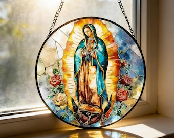 Virgin of Guadalupe Stained Glass Suncatcher, Our Lady of Guadalupe Window Hanging, Catholic Religious Gift, Mother Mary Wall Art