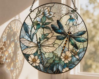 Dragonfly Stained Glass Suncatcher, Window Hanging Decor, Floral Glass Art, Nature Lover Gift for Mom, Round Glass Panel Garden Decor