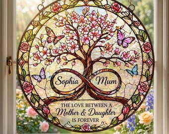 Personalized Mother Daughter Gift, Stained Glass Suncatcher, Custom Tree of Life Window Hanging, Gift for Mom Birthday, Infinity Blossom Art