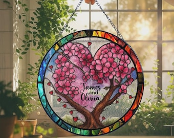 Personalized Wedding Gift Stained Glass Suncatcher, Custom Couple Name Heart Tree Window Hanging, Anniversary Gift for Wife, Home Decor