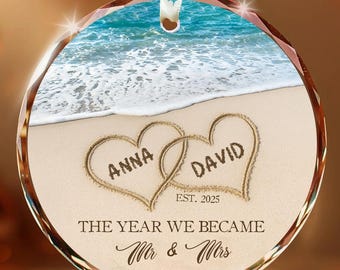 Custom Wedding Ornament, Personalized Mr and Mrs Gift, First Christmas Married Ornament, Beach Wedding Gift, Crystal Glass Keepsake
