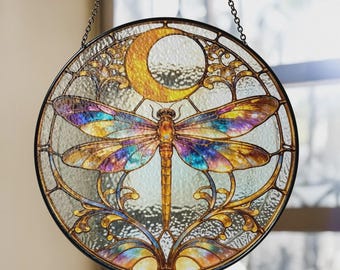 Dragonfly Stained Glass Suncatcher, Moon Glass Window Hanging, Art Nouveau Insect Ornament, Celestial Garden Decor