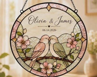 Personalized Love Birds Glass Suncatcher, Custom Wedding Anniversary Gift